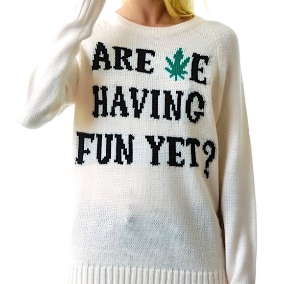 UNIF Are We Having Fun Yet Graphic Sweater Ivory Oversized Crewneck Pullover - Picture 2 of 11